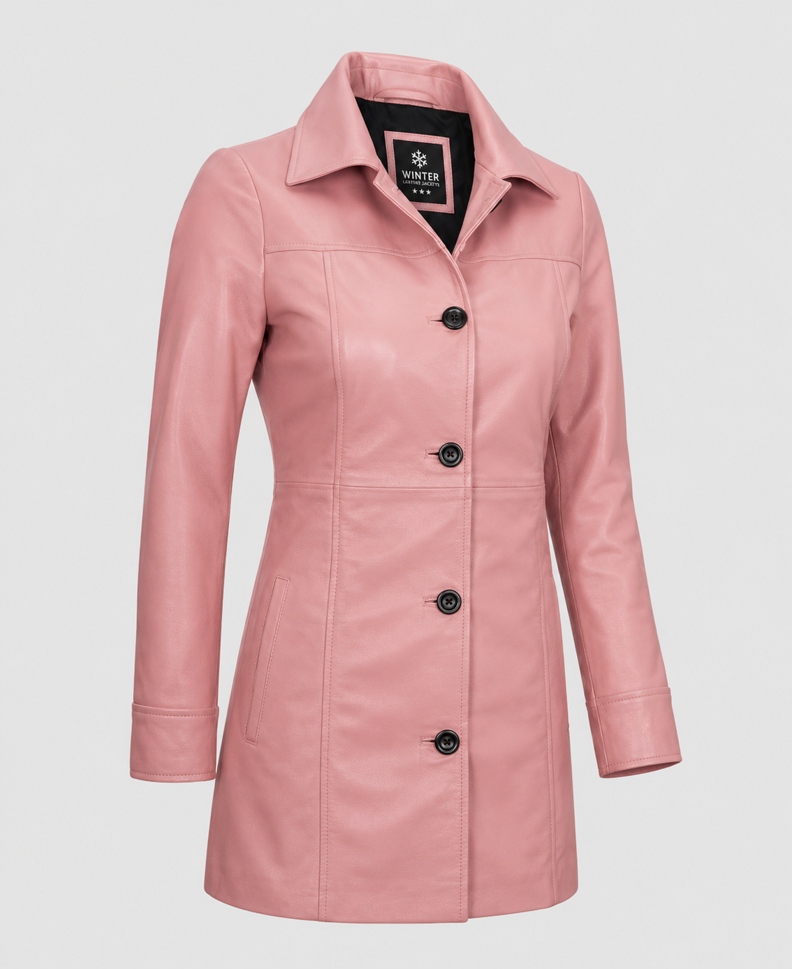 Womens Pink Mid Length Leather Coat