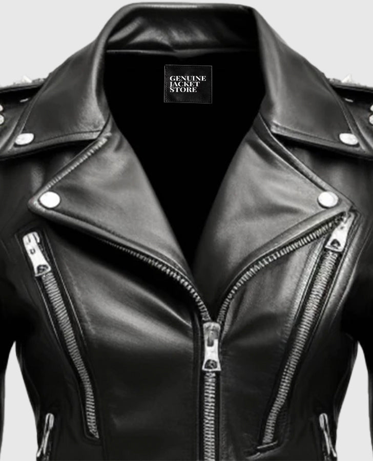 Women's Stud Biker Black Leather Jacket