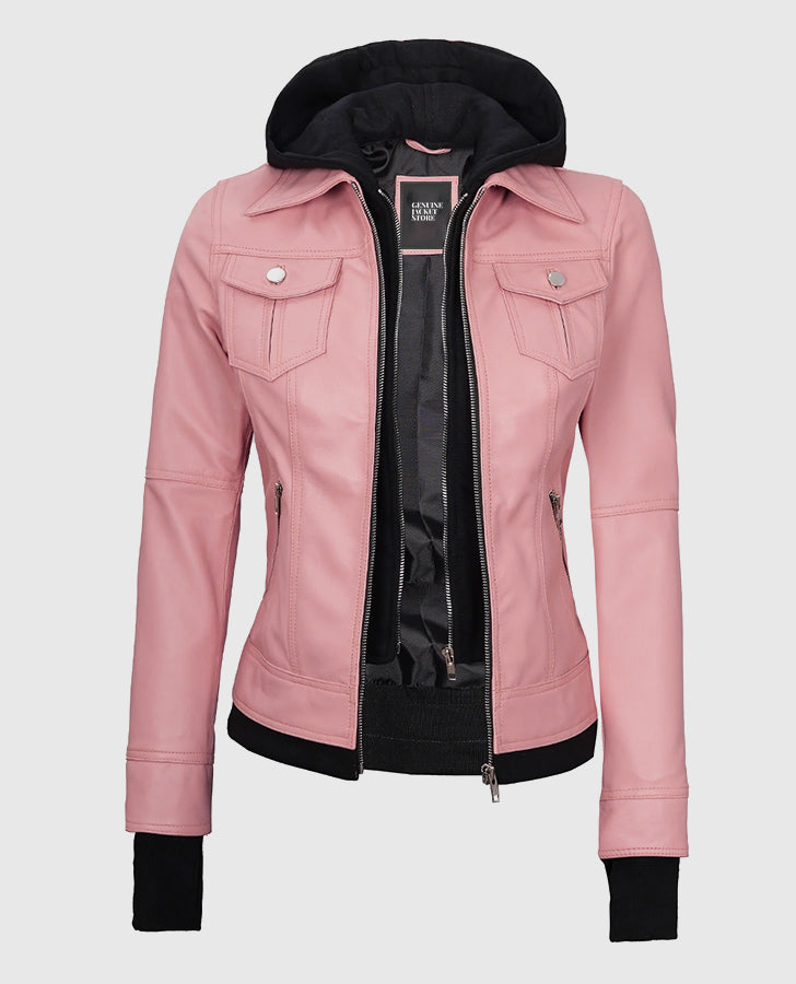 Womens-Pink-Bomber-Leather-Jacket-with-Hood