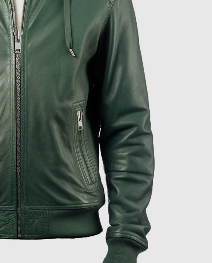 Men's Green Hooded Faux Leather Jacket