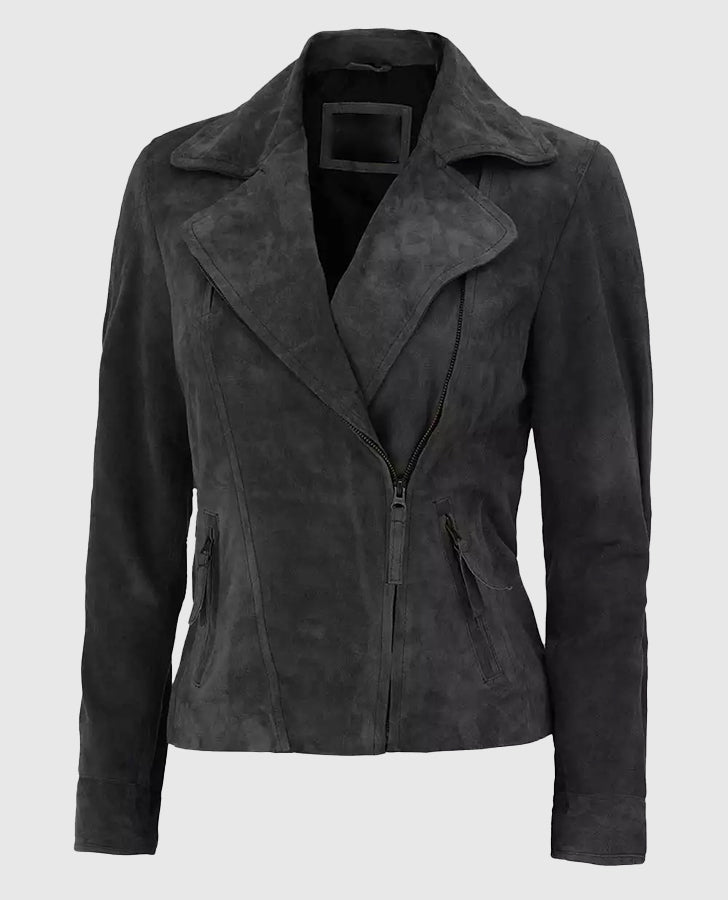 Women's Gray Suede Leather Biker Jacket