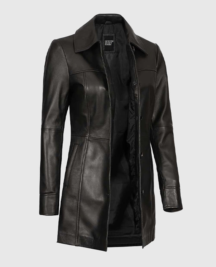 Women's Black Leather Long Coat