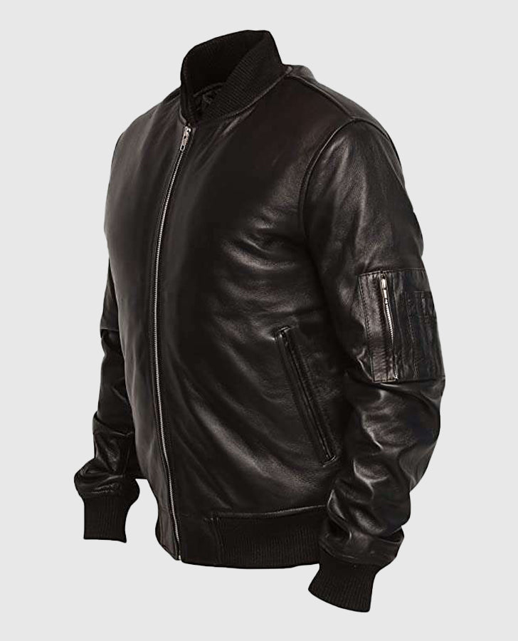 Men's Black Varsity Leather Bomber Jacket