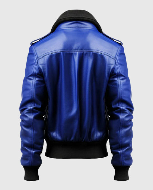 Blue Leather Bomber Jacket for Men