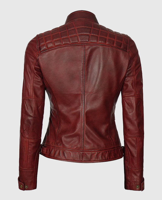 Johnson Womens Maroon Cafe Racer Leather Jacket