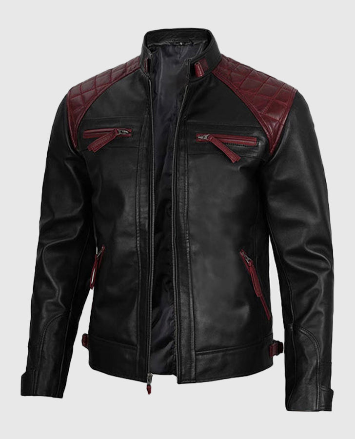 Men’s Quilted Cafe Racer Black & Maroon Leather Jacket