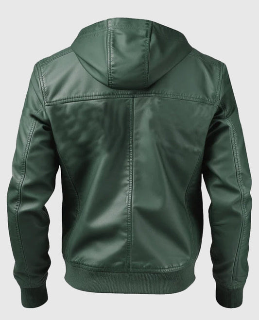 Men's Green Hooded Leather Jacket