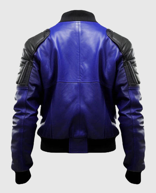Men's Blue & Black Leather Bomber Jacket