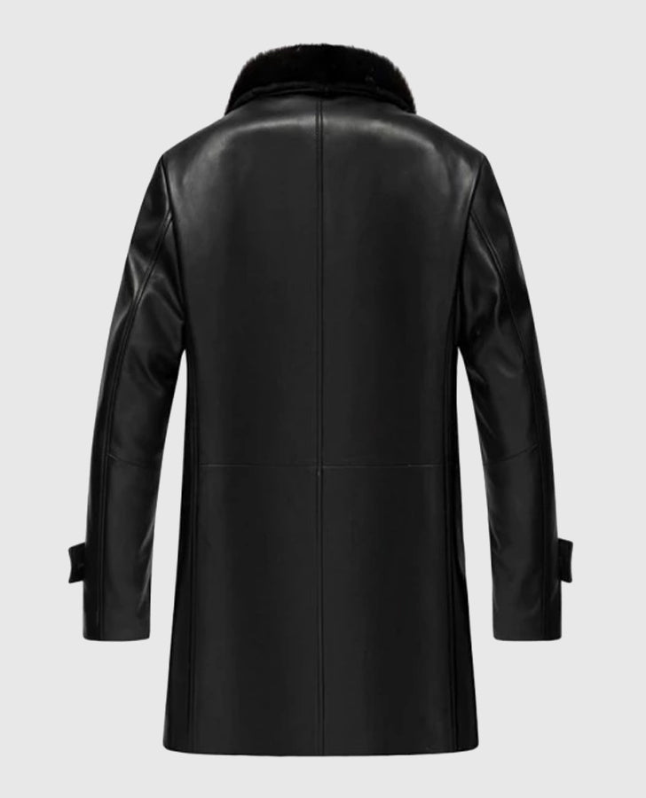 Men's Black Leather Coat With Shearling Collar