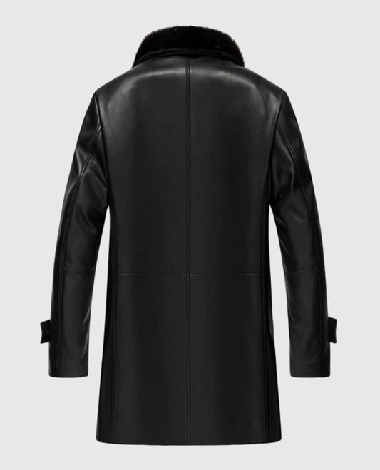 Men's Black Leather Coat With Shearling Collar