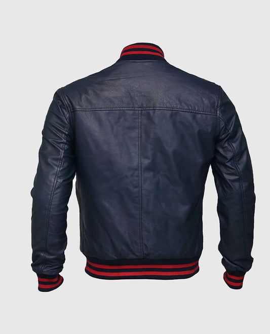 Men's Blue Leather Bomber Jacket