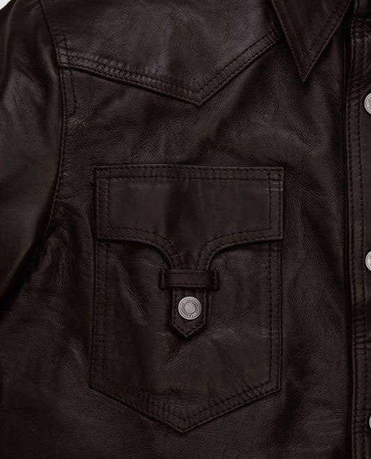 Men's Coffee Brown Shirt Collar Style Leather Jacket