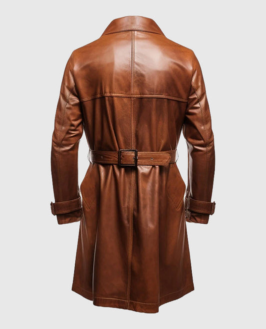 Vintage Brown Long Leather Coat for Men