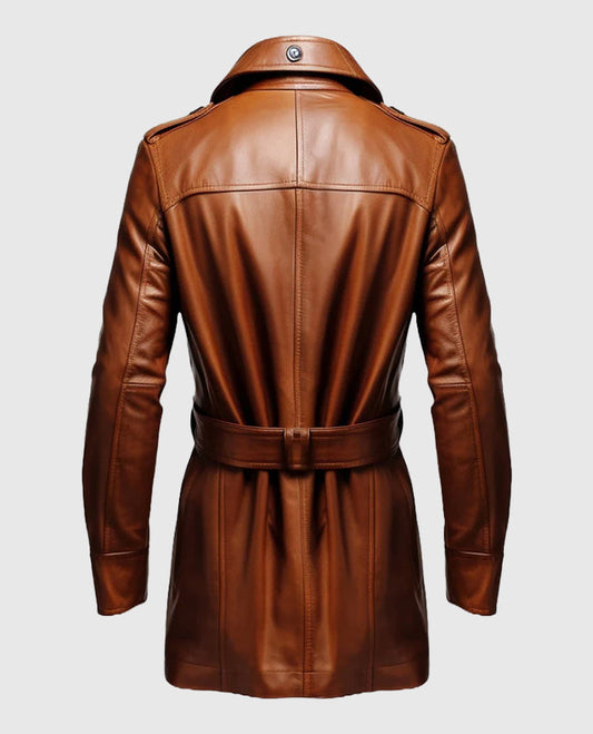 Vintage Tan Brown Long Leather Coat for Men