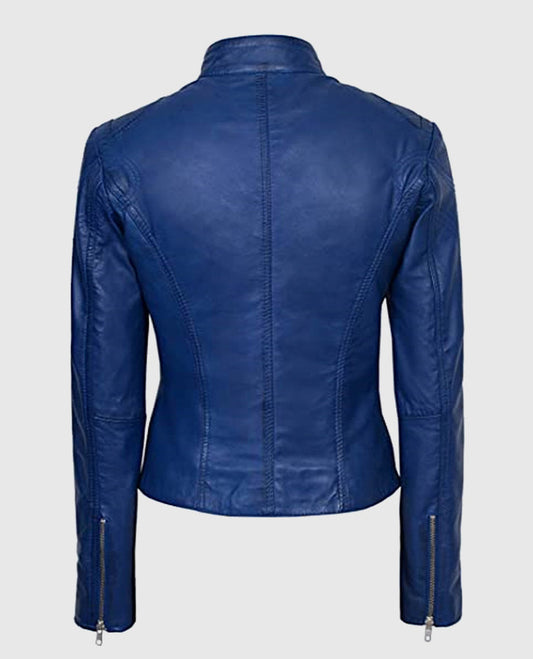 Women's Basic Four Pocket Blue Leather Jacket
