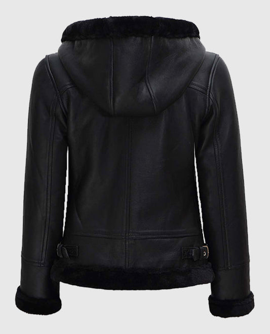 Women's Black Hooded Shearling Bomber Leather Jacket