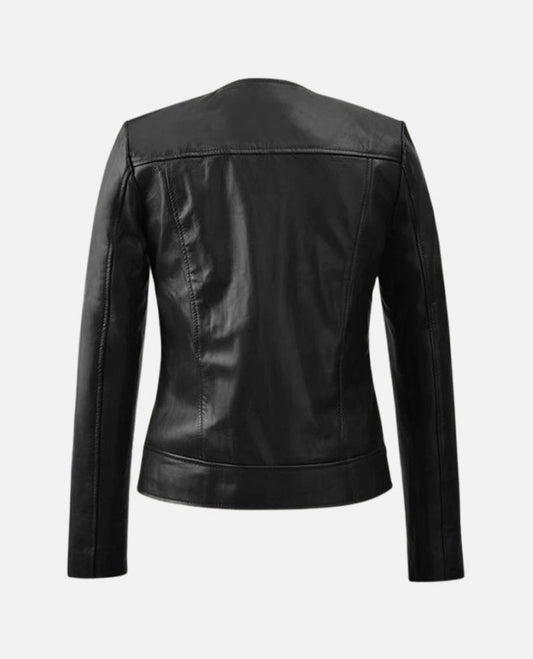 Women's Collarless Black Leather Biker Jacket