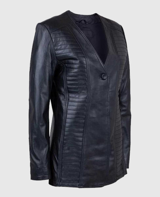 Women's Collarless Black Long Jacket