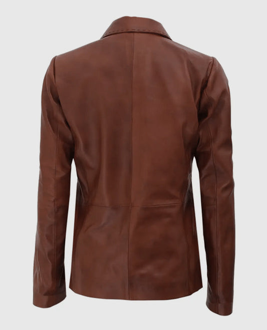 Women's Two Button Brown Leather Blazer Jacket