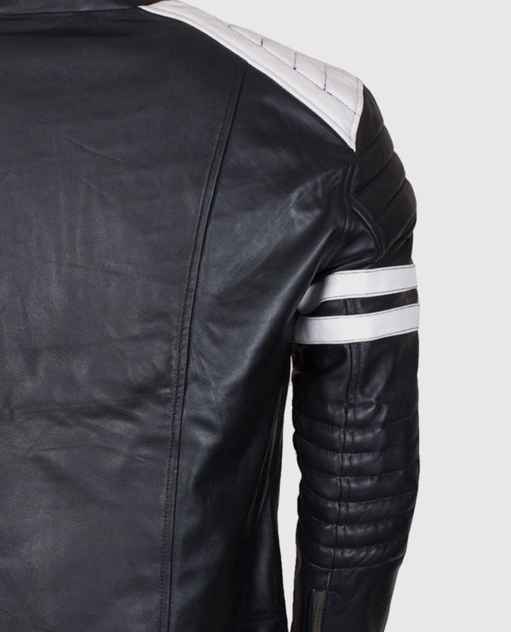 Men's White Stripes Black Cafe Racer Leather Jacket