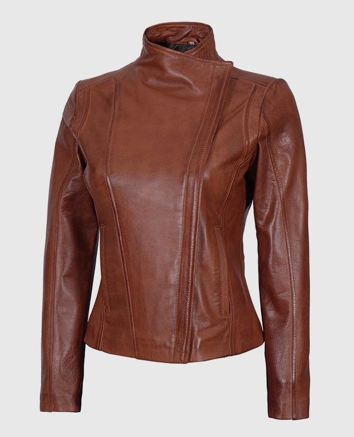 Women's Brown Flap Closure  Leather Jacket