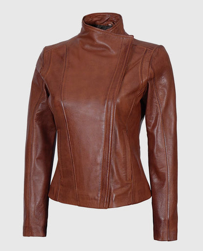Women's Brown Flap Closure  Leather Jacket