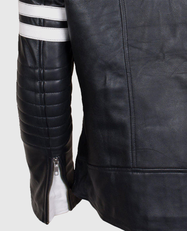 Men's White Stripes Black Cafe Racer Leather Jacket
