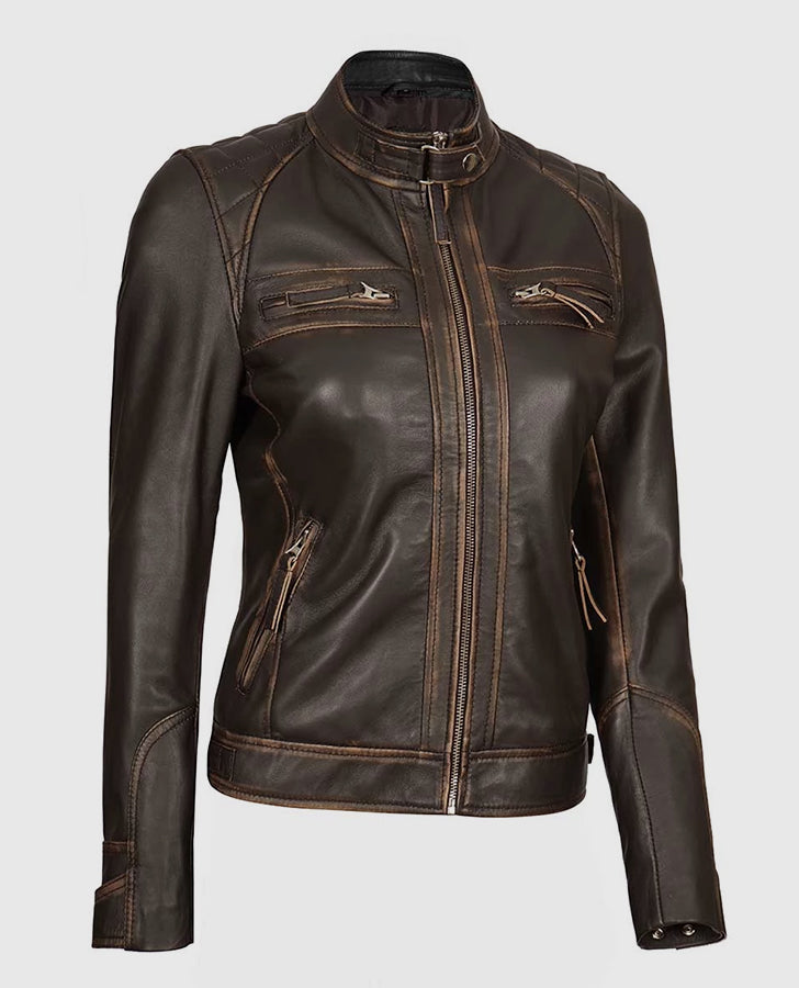 Womens-Rub-Off-Dark-Brown-Quilted-Leather-Cafe-Racer-Jacket