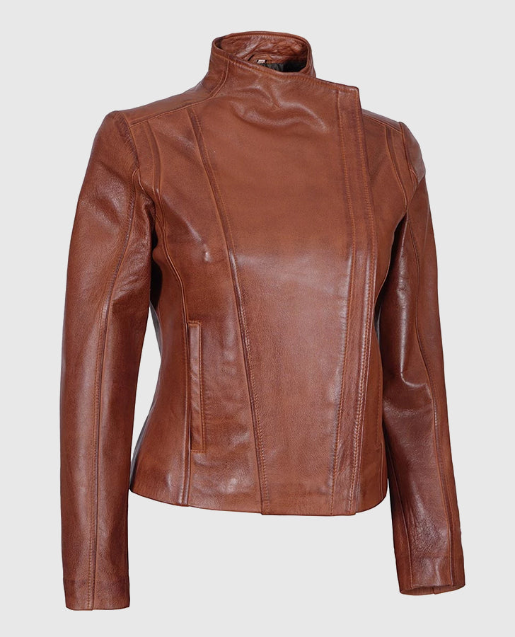 Women's Brown Flap Closure  Leather Jacket