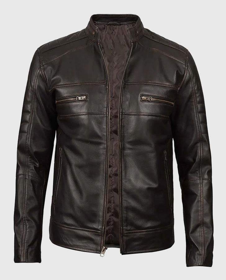 Men's Dark Brown Cafe Racer Leather Jacket