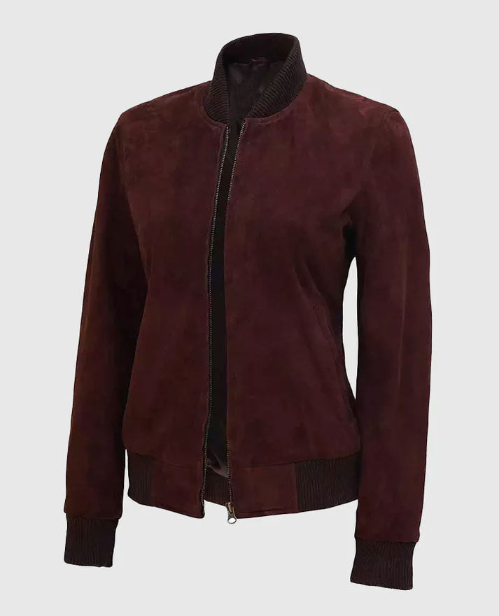 Women's Maroon Suede Leather Bomber Jacket