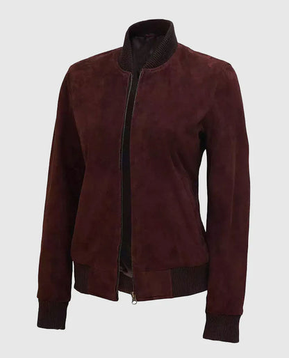Women's Maroon Suede Leather Bomber Jacket