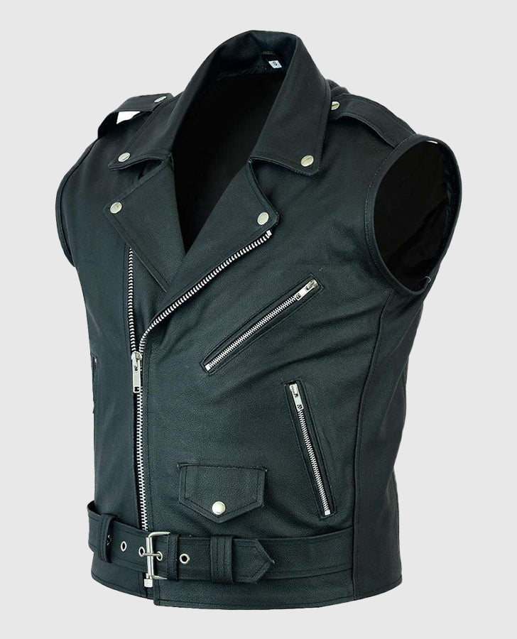 Men's Black Leather Biker Vest