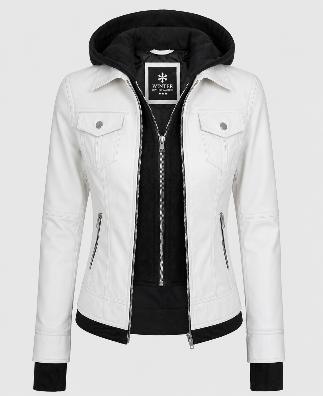 Women's White Hooded Bomber Leather Jacket