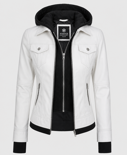 Women's White Hooded Bomber Leather Jacket