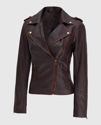 Women's Maroon Leather Motorcycle Jacket