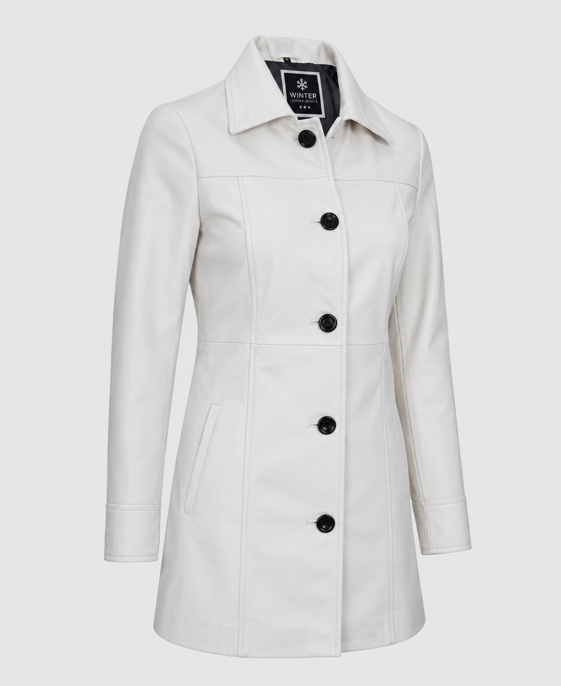 Womens White Mid Length Leather Coat