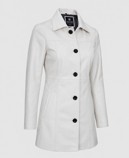 Womens White Mid Length Leather Coat