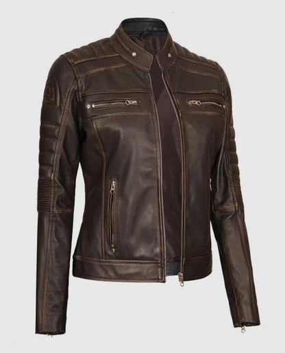 Women's Dark Brown Cafe Racer Biker Jacket