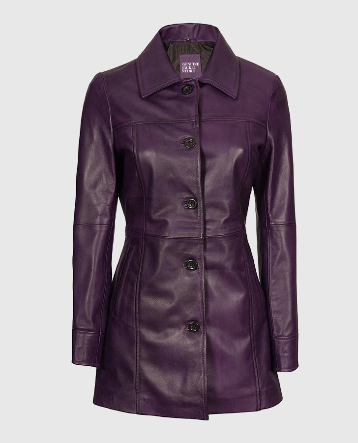 Women's Mid-Length Leather Purple Coat
