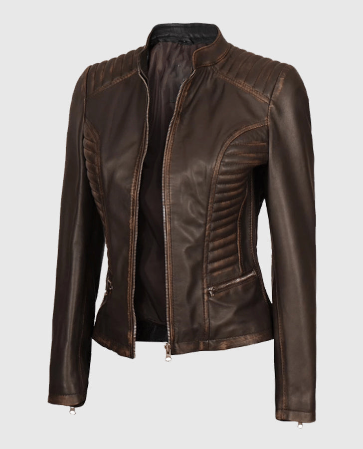 Women's Dark Brown Rub-off Cafe Racer Leather Jacket