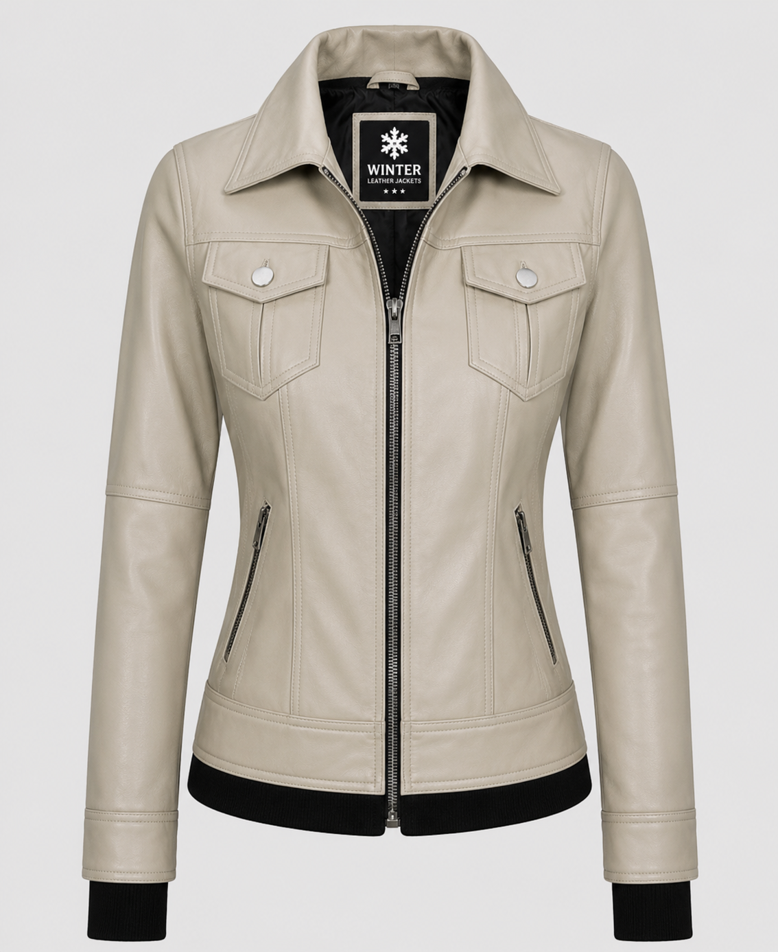 Women's Beige Leather Bomber Jacket