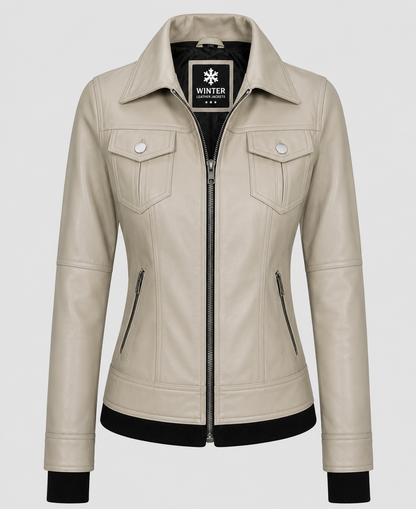 Women's Beige Leather Bomber Jacket