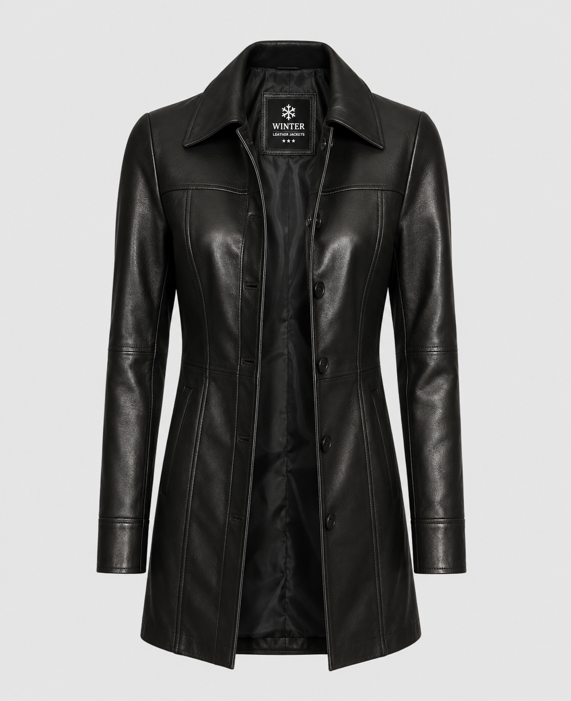 Women's Black Long Leather  Coat