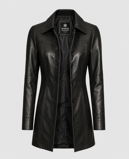 Women's Black Long Leather  Coat