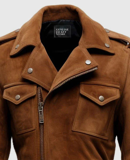 Men's Camel Brown Suede Leather Biker Jacket