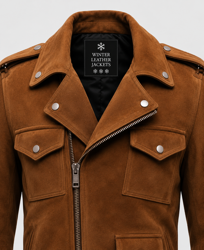 Camel Brown Suede Leather Biker Jacket