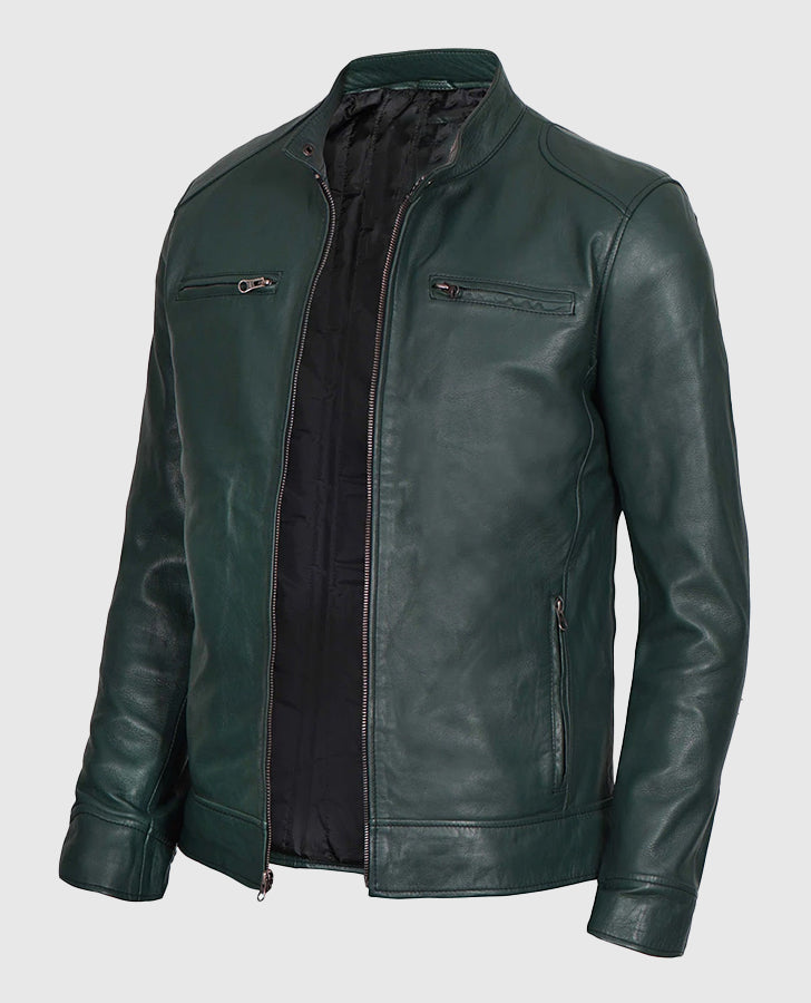 Men's Dark Green Cafe Racer Leather Jacket