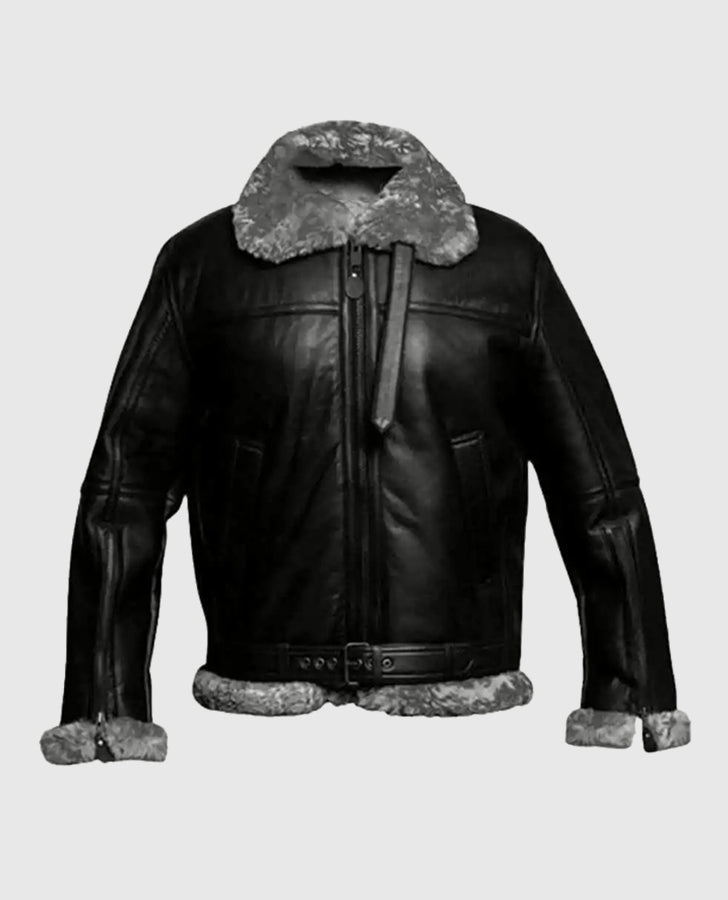 Men's Fur Aviator Flying Pilot Black Bomber Jacket