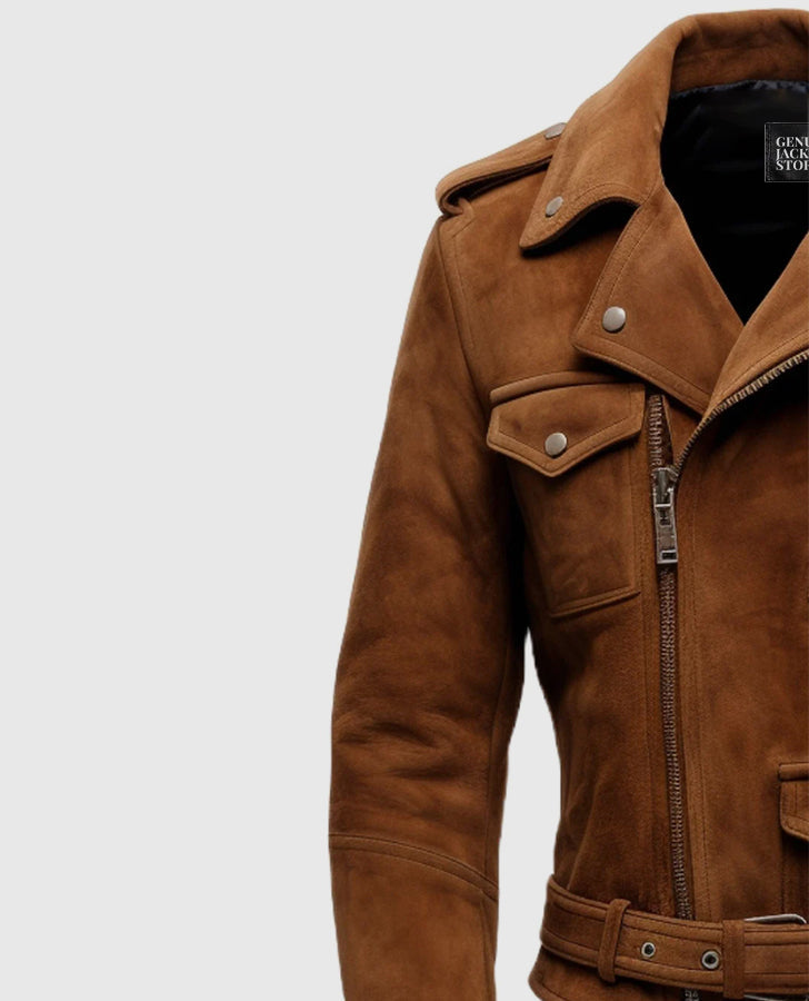 Men's Camel Brown Suede Leather Biker Jacket